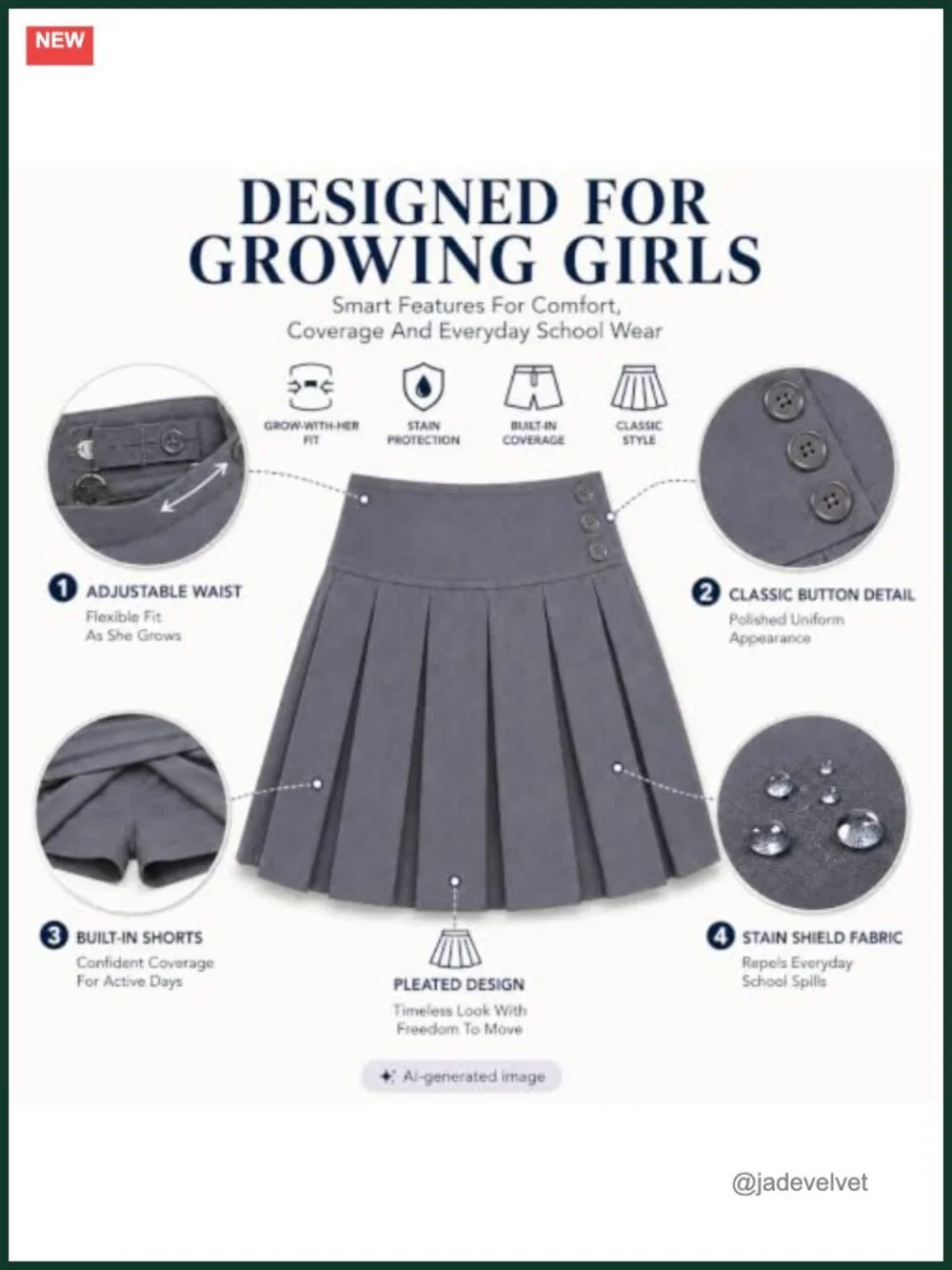 Girls School Uniform Pleated Skort Adjustable Waist Stretchy